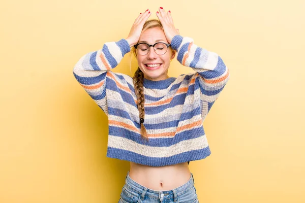 Young Adult Blonde Woman Feeling Stressed Anxious Depressed Frustrated Headache — Stockfoto