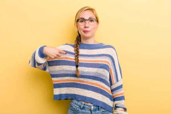 Young Adult Blonde Woman Looking Proud Confident Happy Smiling Pointing — Fotografia de Stock