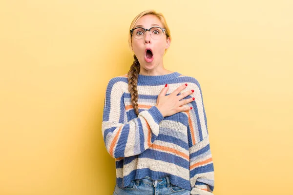 Young Adult Blonde Woman Feeling Shocked Surprised Smiling Taking Hand —  Fotos de Stock