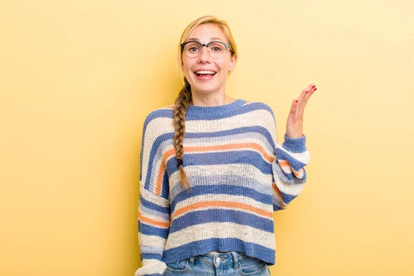 Young Adult Blonde Woman Feeling Happy Surprised Cheerful Smiling Positive — Stockfoto