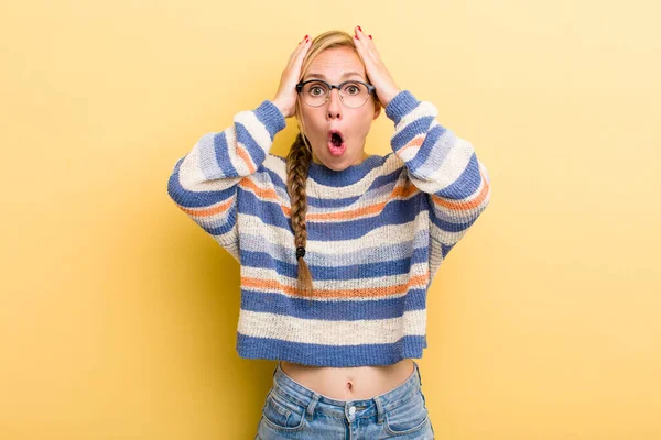 Young Adult Blonde Woman Looking Unpleasantly Shocked Scared Worried Mouth — Zdjęcie stockowe