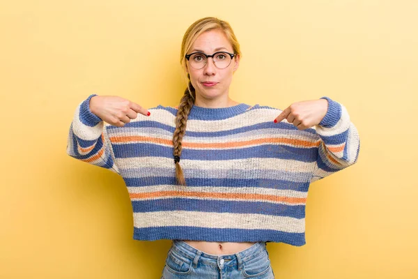 Young Adult Blonde Woman Looking Proud Positive Casual Pointing Chest — Foto Stock