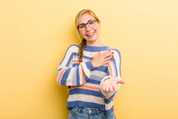 Young Adult Blonde Woman Feeling Happy Love Smiling One Hand — Foto Stock