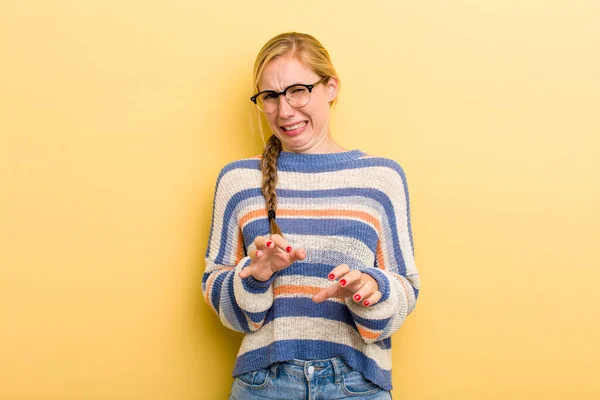 Young Adult Blonde Woman Feeling Disgusted Nauseous Backing Away Something — Foto Stock