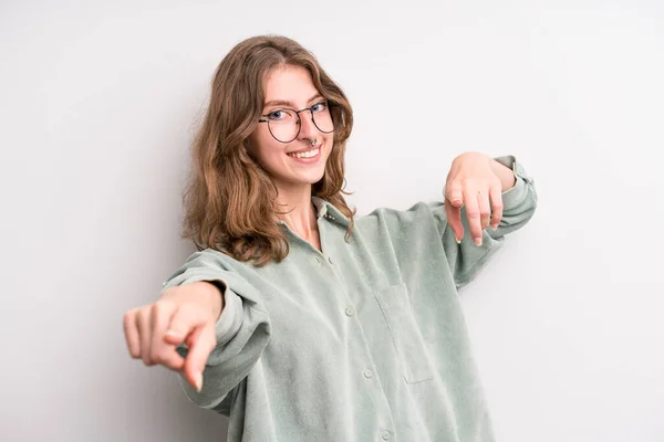 Teenager Young Girl Feeling Happy Confident Pointing Camera Both Hands — Fotografia de Stock