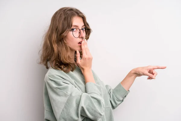 Teenager Young Girl Feeling Happy Shocked Surprised Covering Mouth Hand — Stockfoto