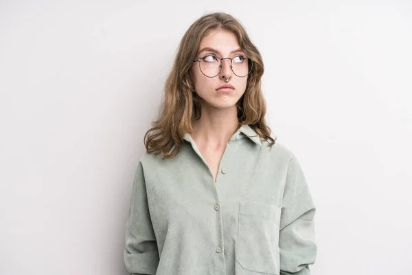 Teenager Young Girl Worried Confused Clueless Expression Looking Copy Space — Stockfoto