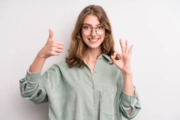 Teenager Young Girl Feeling Happy Amazed Satisfied Surprised Showing Okay — Stockfoto