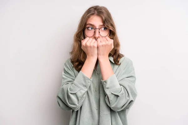 Teenager Young Girl Looking Worried Anxious Stressed Afraid Biting Fingernails — Stockfoto