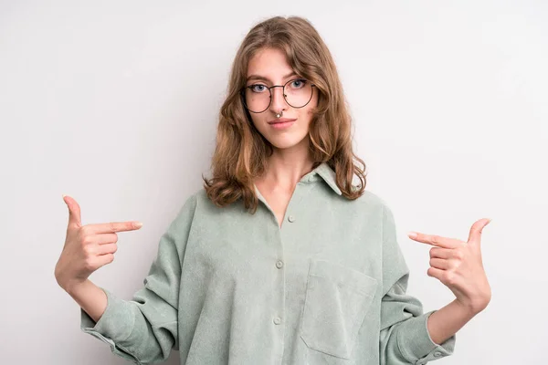 Teenager Young Girl Looking Proud Arrogant Happy Surprised Satisfied Pointing — Stock Photo, Image