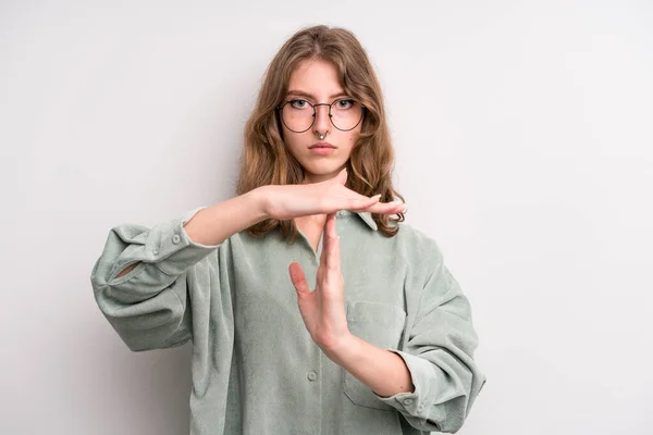 Teenager Young Girl Looking Serious Stern Angry Displeased Making Time — Stockfoto