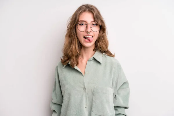 Teenager Young Girl Cheerful Carefree Rebellious Attitude Joking Sticking Tongue — Stockfoto