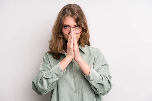 Teenager Young Girl Feeling Worried Hopeful Religious Praying Faithfully Palms — Stockfoto