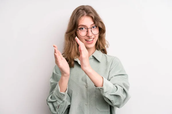 Teenager Young Girl Feeling Happy Successful Smiling Clapping Hands Saying — Foto Stock