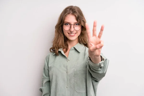 Teenager Young Girl Smiling Looking Friendly Showing Number Three Third — Foto Stock