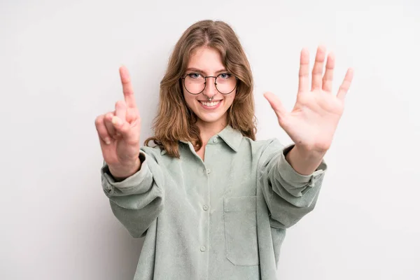 Teenager Young Girl Smiling Looking Friendly Showing Number Six Sixth — Foto Stock
