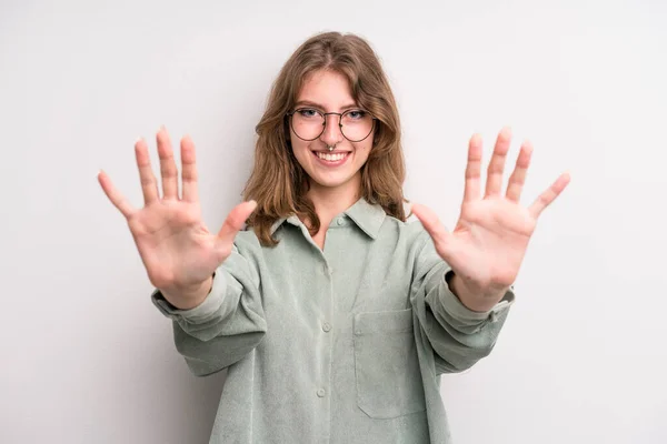 Teenager Young Girl Smiling Looking Friendly Showing Number Ten Tenth —  Fotos de Stock