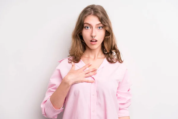 Teenager Young Girl Feeling Shocked Astonished Surprised Hand Chest Open — Stockfoto