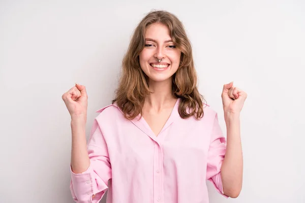 Teenager Young Girl Looking Extremely Happy Surprised Celebrating Success Shouting — 图库照片