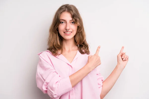 Teenager Young Girl Smiling Happily Pointing Side Upwards Both Hands — Stockfoto