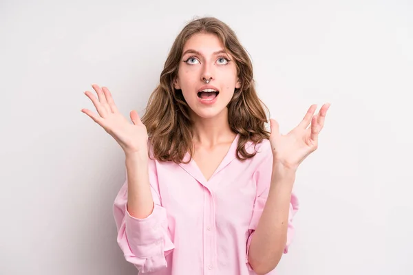 Teenager Young Girl Feeling Happy Amazed Lucky Surprised Celebrating Victory — Stok fotoğraf