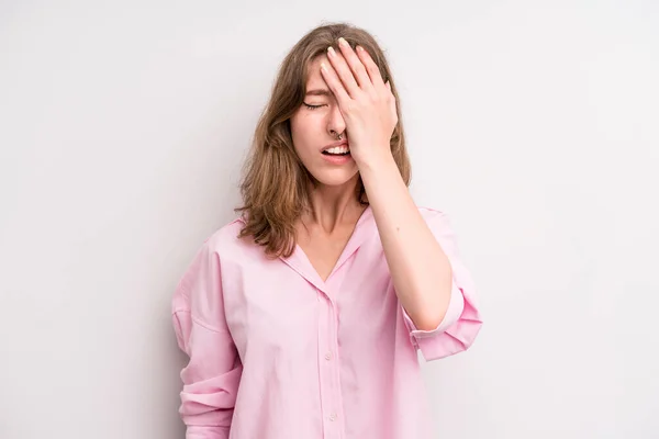 Teenager Young Girl Looking Sleepy Bored Yawning Headache One Hand — Stok fotoğraf