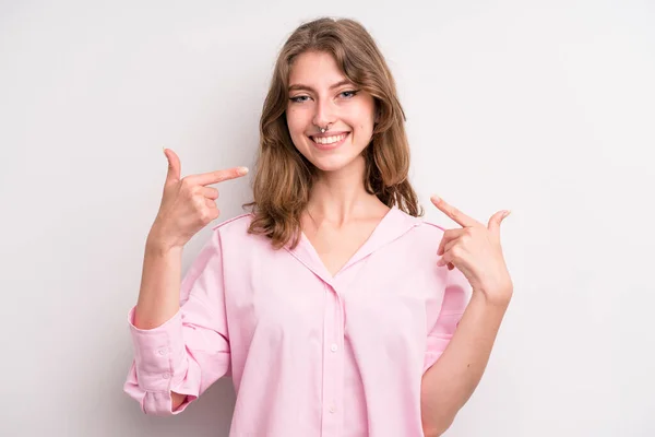 Teenager Young Girl Smiling Confidently Pointing Own Broad Smile Positive — Foto Stock