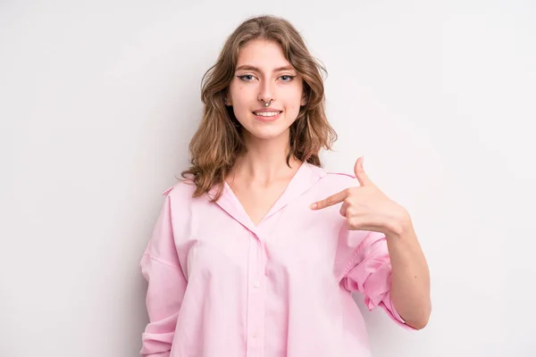 Teenager Young Girl Looking Happy Proud Surprised Cheerfully Pointing Self — 图库照片