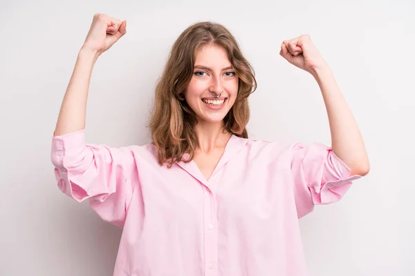 Teenager Young Girl Shouting Triumphantly Looking Excited Happy Surprised Winner — Foto Stock