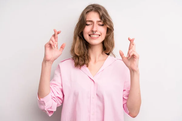 Teenager Young Girl Crossing Fingers Anxiously Hoping Good Luck Worried — Stockfoto