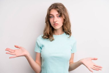 teenager young girl feeling puzzled and confused, unsure about the correct answer or decision, trying to make a choice