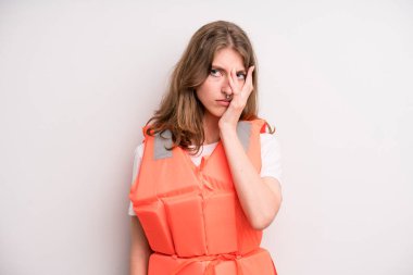 young girl with a life jacket. boat concept