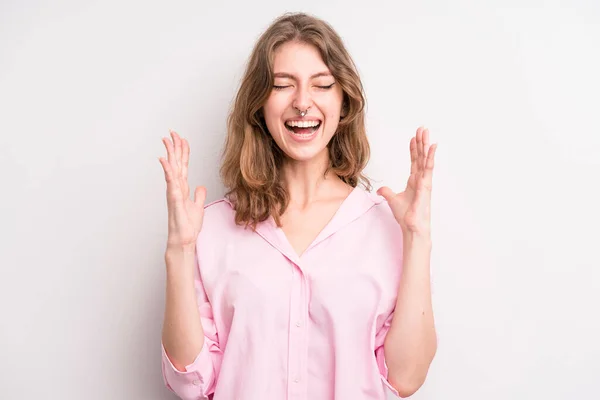 Teenager Young Girl Furiously Screaming Feeling Stressed Annoyed Hands Air — Stockfoto