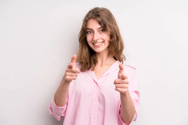 Teenager Young Girl Smiling Positive Successful Happy Attitude Pointing Camera — Fotografia de Stock
