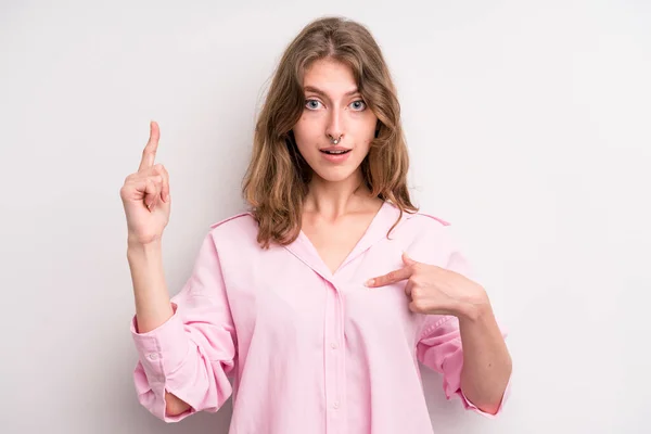 Teenager Young Girl Feeling Proud Surprised Pointing Self Confidently Feeling — Fotografia de Stock