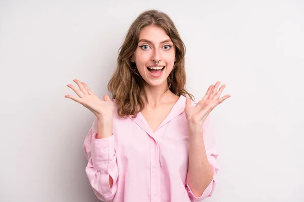 Teenager Young Girl Looking Happy Excited Shocked Unexpected Surprise Both — Stockfoto