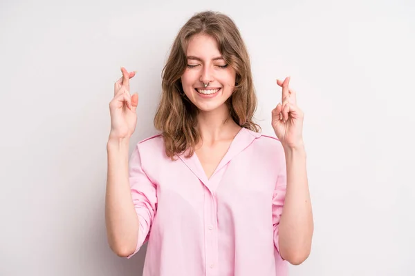 Teenager Young Girl Smiling Anxiously Crossing Both Fingers Feeling Worried — Stockfoto
