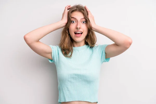 Teenager Young Girl Raising Hands Head Open Mouthed Feeling Extremely — Foto Stock