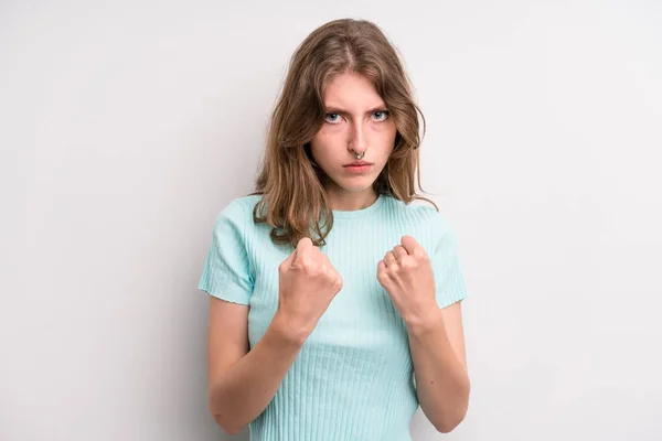 Teenager Young Girl Looking Confident Angry Strong Aggressive Fists Ready — Stockfoto