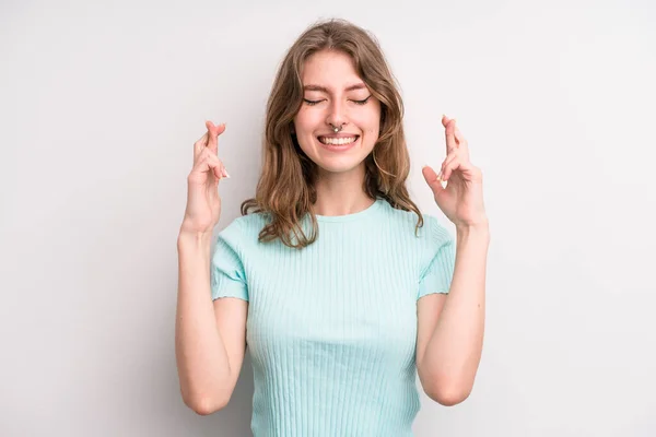 Teenager Young Girl Feeling Nervous Hopeful Crossing Fingers Praying Hoping — Stockfoto