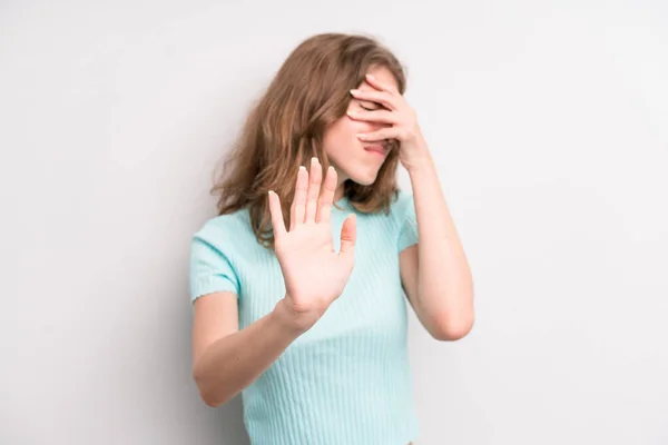 Teenager Young Girl Covering Face Hand Putting Other Hand Front — Photo