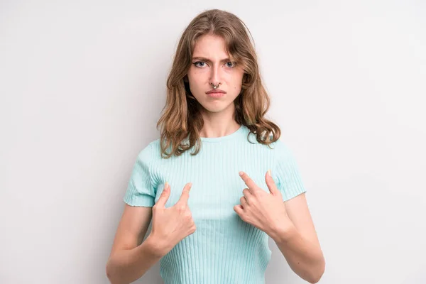 Teenager Young Girl Pointing Self Confused Quizzical Look Shocked Surprised — Stockfoto