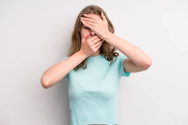 Teenager Young Girl Covering Face Both Hands Saying Camera Refusing — Stockfoto