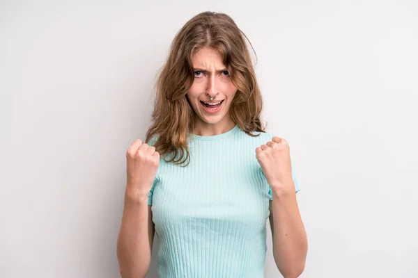 Teenager Young Girl Shouting Aggressively Angry Expression Fists Clenched Celebrating — Stockfoto