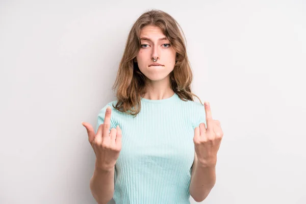 Teenager Young Girl Feeling Provocative Aggressive Obscene Flipping Middle Finger — Stockfoto