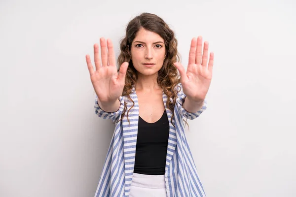 Young Adult Pretty Woman Looking Serious Unhappy Angry Displeased Forbidding — Fotografie, imagine de stoc