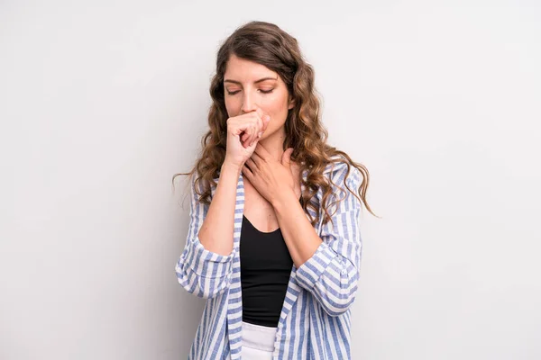 Young Adult Pretty Woman Feeling Ill Sore Throat Flu Symptoms — Stok fotoğraf