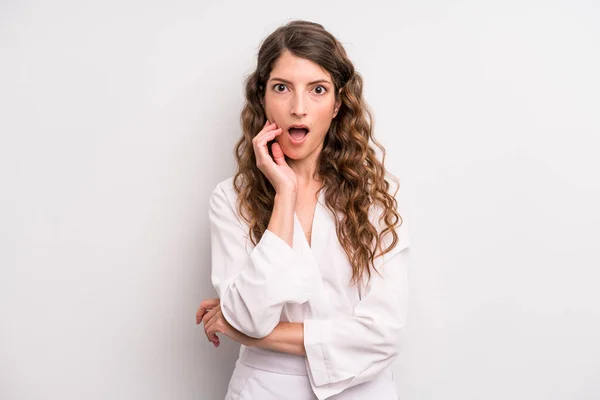 Young Adult Pretty Woman Open Mouthed Shock Disbelief Hand Cheek — Stock Photo, Image