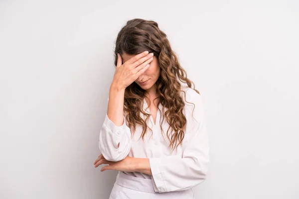 Young Adult Pretty Woman Looking Stressed Ashamed Upset Headache Covering — Stock Photo, Image