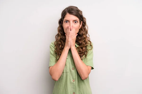 Young Adult Pretty Woman Feeling Worried Upset Scared Covering Mouth — Stock Photo, Image